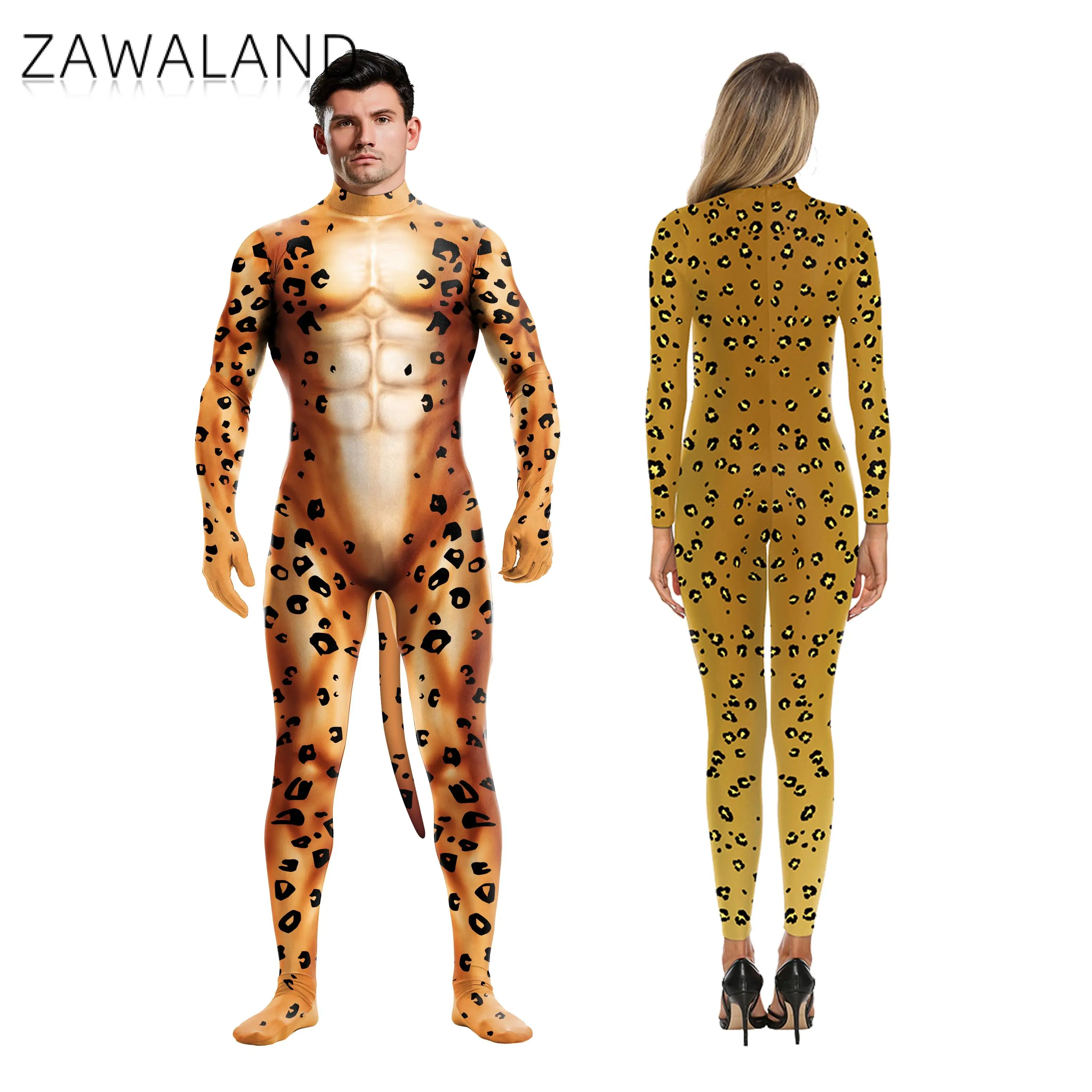 Zawaland Animal Leopard Printed Jumpsuit Catsuit Costume Sexy Zentai Cosplay Bodysuit Suit Full Cover with Tail Fitness Outfit