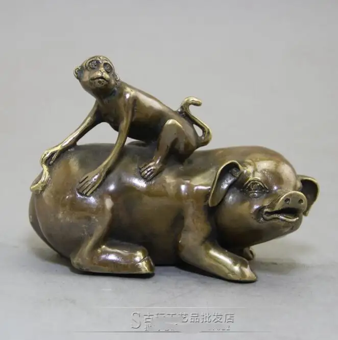 

China Brass Patina Carved Monkey on Pig Statue Wish Official Wealth Lucky