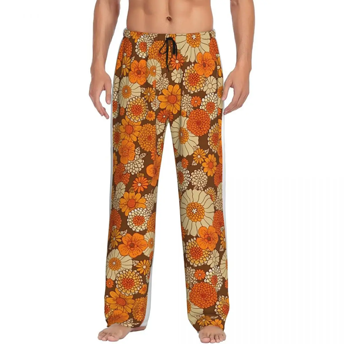 

Custom 70s Retro Daisies Vintage Flower Power Orange And Brown Boho Pajama Pants Men Sleepwear Sleep Lounge Bottoms with Pockets