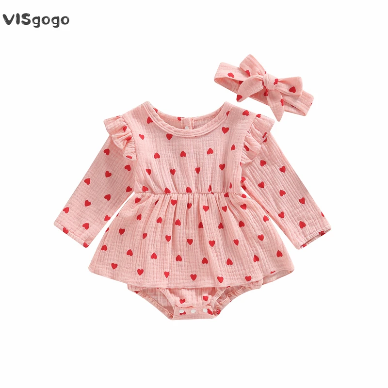 

VISgogo Baby Girls Valentine's Day Romper Dress Infant Heart Print Round Neck Long Sleeve Skirt Hem Jumpsuits with Headband