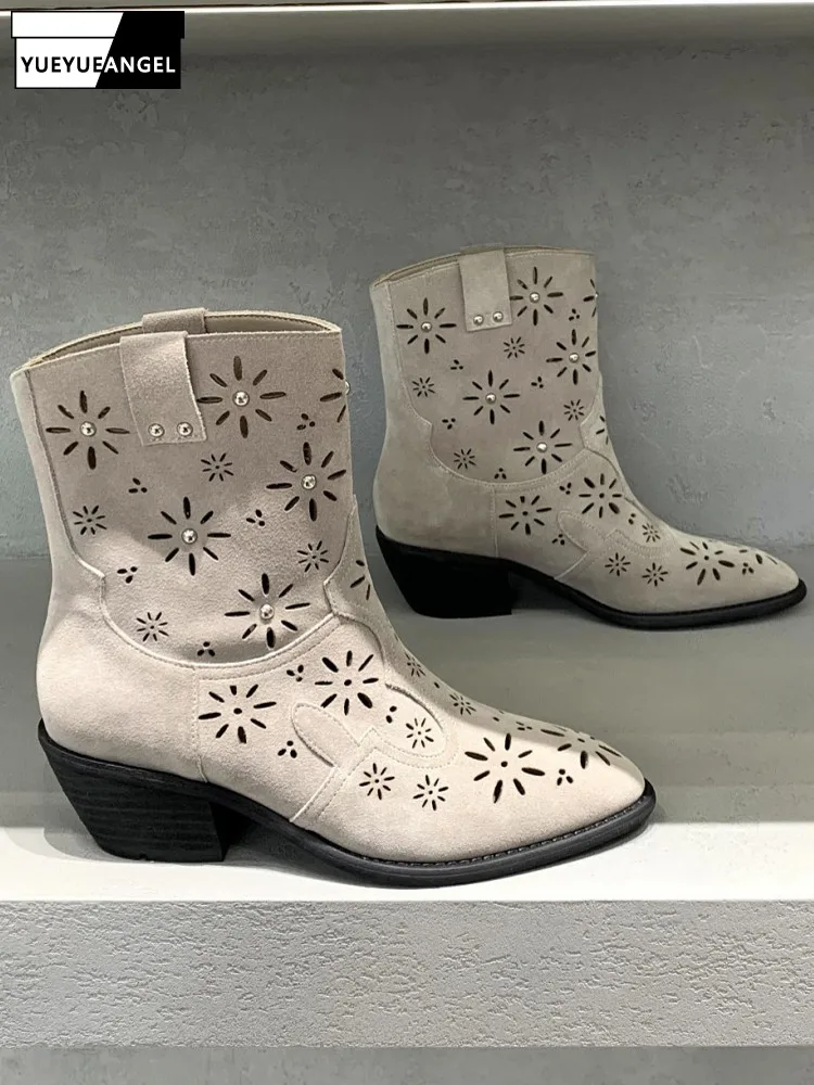 Office Ladies High Quality Cow Suede Ankle Boots Spring Breathable Real Leather High Top Shoes Chic Hollow Out Slip-on Footwear
