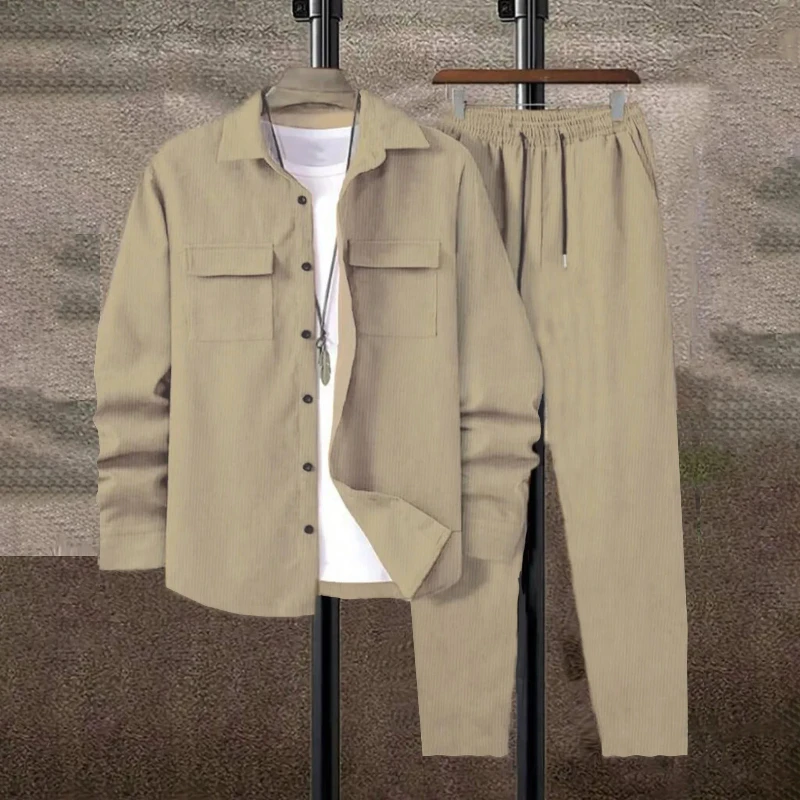 

2026Men Solid Color Corduroy Suit Casual Luxury Sports Lace Up Ruffian Simple Streetwear Autumn Winter Fashion Outfit Men's Suit