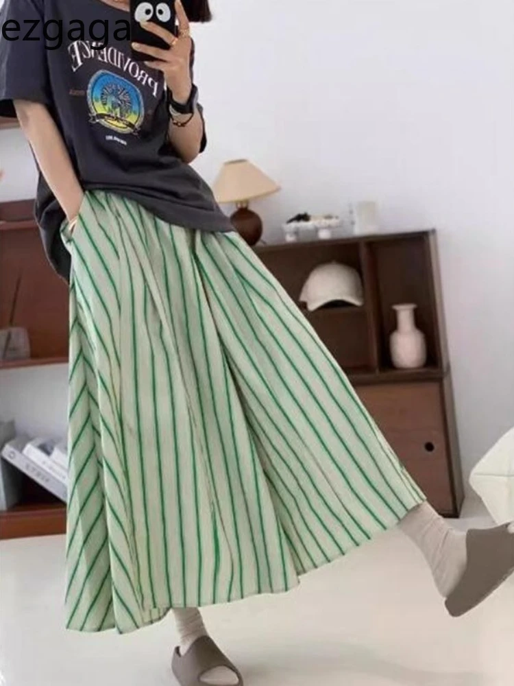 

Ezgaga Striped Skirts Women High Waist French Style Chic Loose Summer New Fashion Elegant Long Skirt Female Casual Streetwear