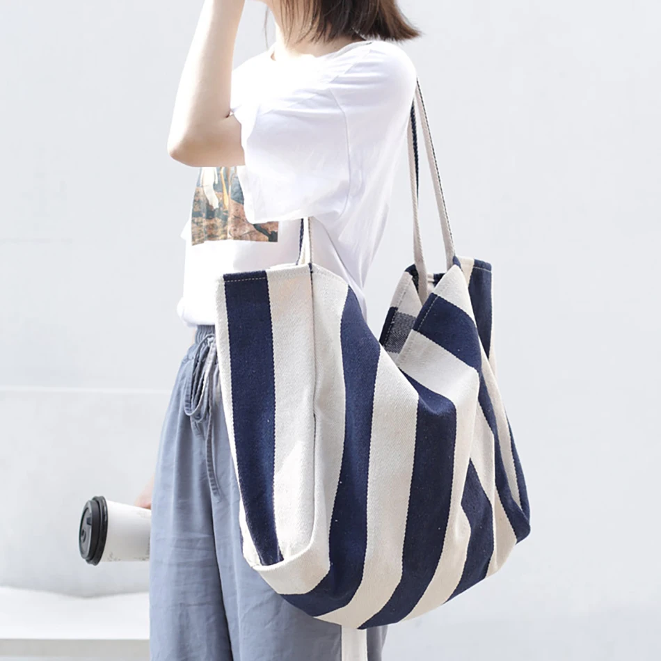 

Women's Fashion Tote Bag Casual Large Capacity Single Shoulder Bag Summer Korean Style Retro Handbag Simple Striped Canvas Bag