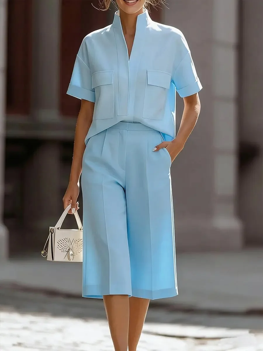 

Daily Casual Shorts Set Solid Color Simple Fashion Commuter Short-sleeved Turtleneck Shirt Top Wide-leg Shorts Two-piece Set