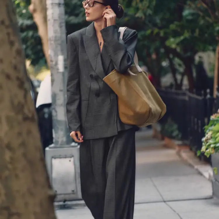 Spring New Women's Trousers And  Set Pleated Wide Leg Pants Shoulder Pad Double Breasted Suit Jacket Two Piece Outfit
