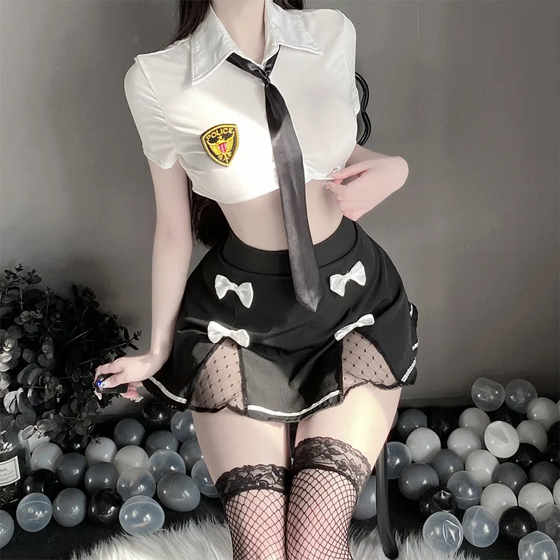Lingerie sexy Anime Poliziotta Costume Tentazione uniforme per le donne Cosplay con cravatta + camicetta + gonna + pantaloni a T + copricapo