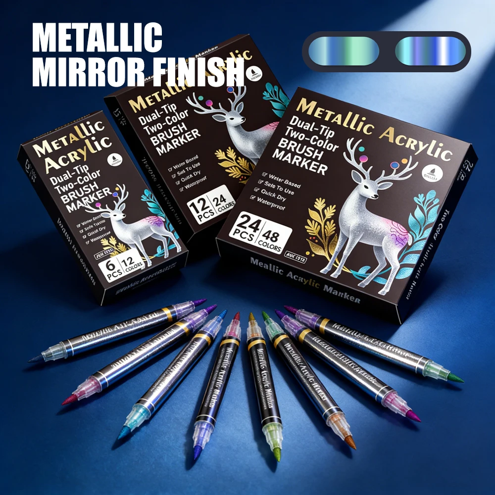 6/12/24 Pcs Dual Tip Two Colors Metallic Acrylic Marker Set Waterproof Quick-Dry Coloring DIY Art Creation Office School Tool