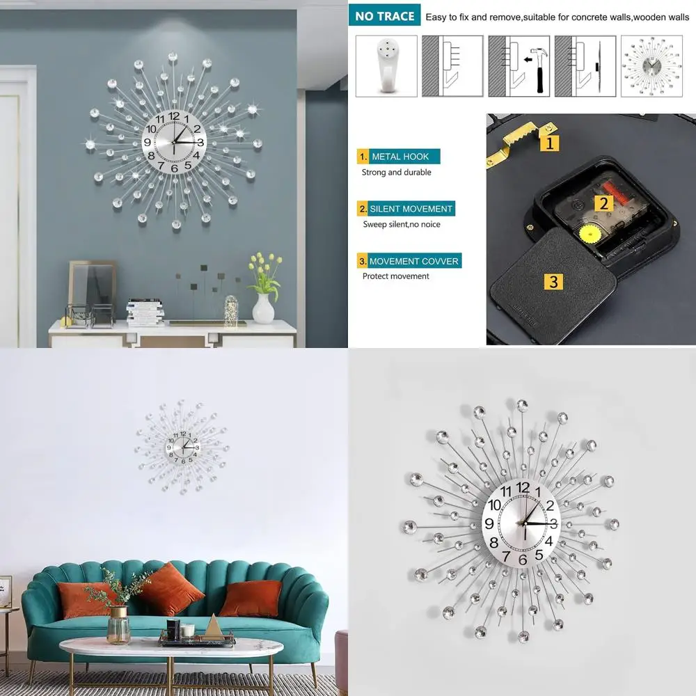 

Modern Metal Quartz Clock - Silent, Large Wall Clock with Crystal Accents for Stylish Living Room Decor