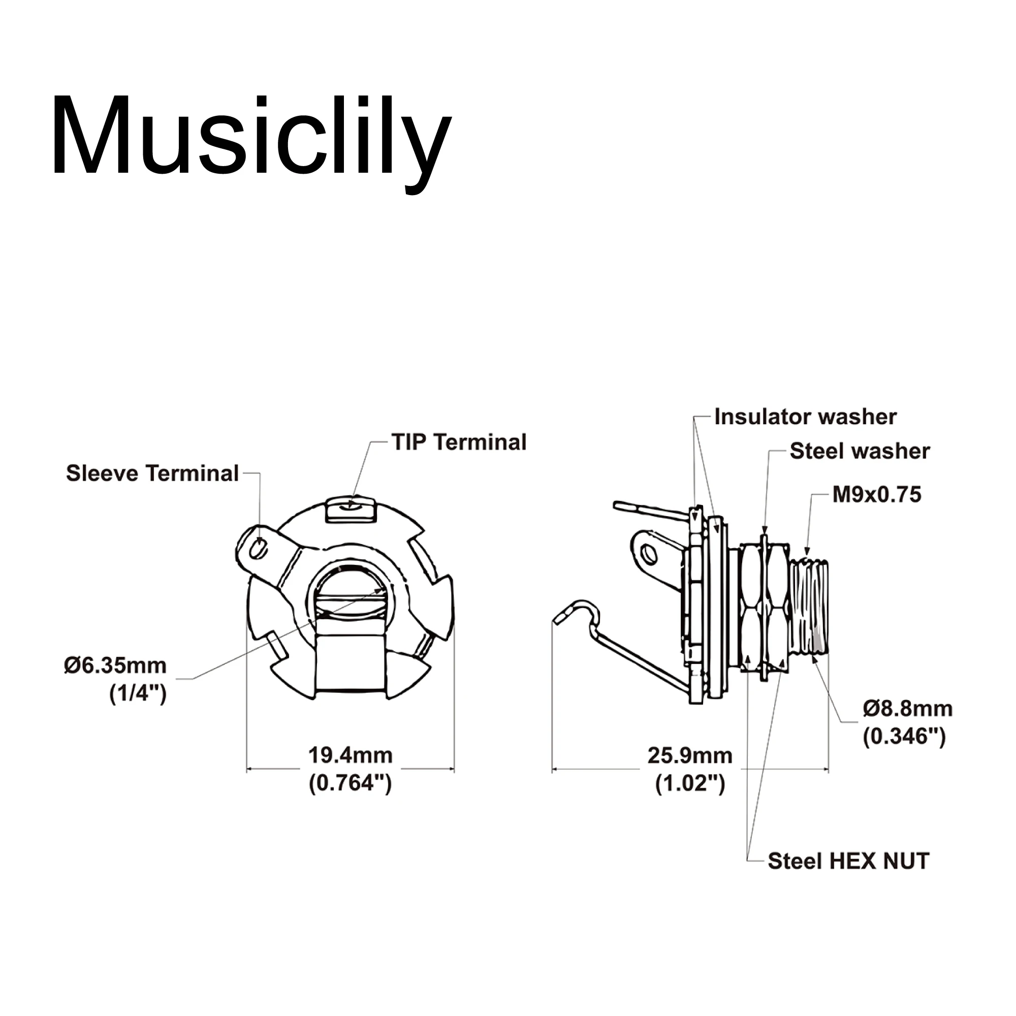 Musiclily Basic 1/4 Inch 6.35mm Mono Output Jack Socket for ST Tele Style Electric Guitar Bass
