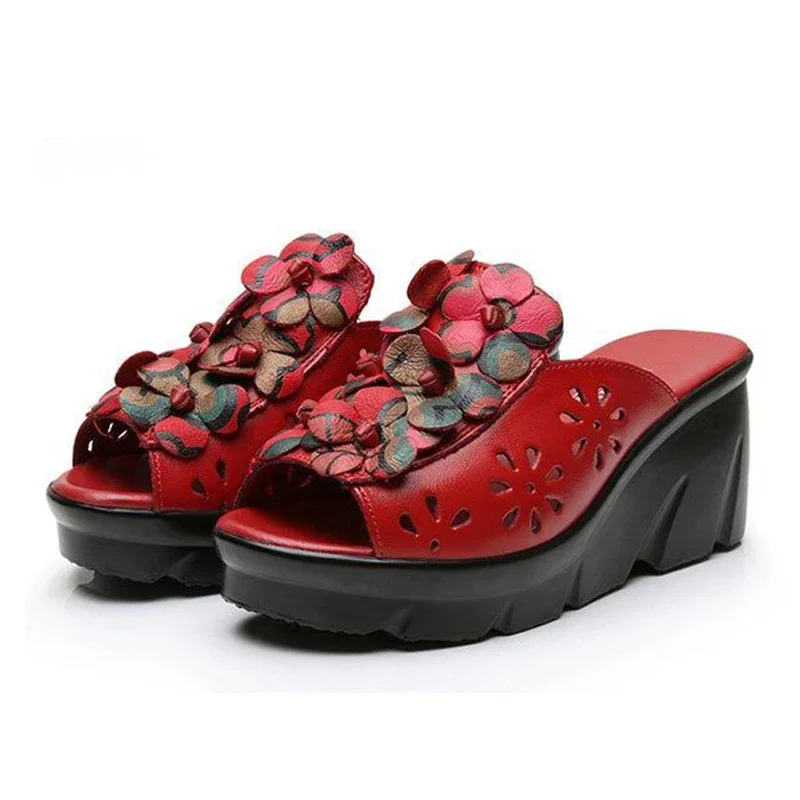 BEYARNESummer Women Shoes Wedges Slippers Platform Sandals Genuine Leather Handmade Flower Hollow Comfortable Women SlidesE784