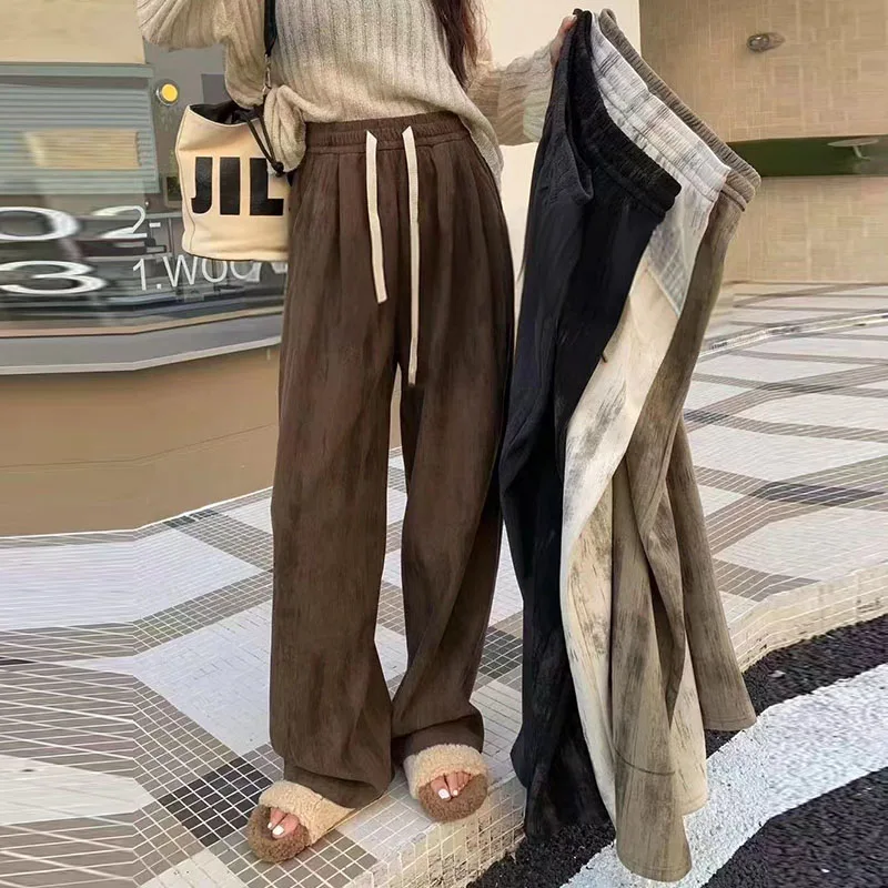 Women Retro Tie Dye Corduroy Trousers Casual All-Match Straight Leg Pants Elastic High Waist Solid Color Wide Leg Pants Fashion