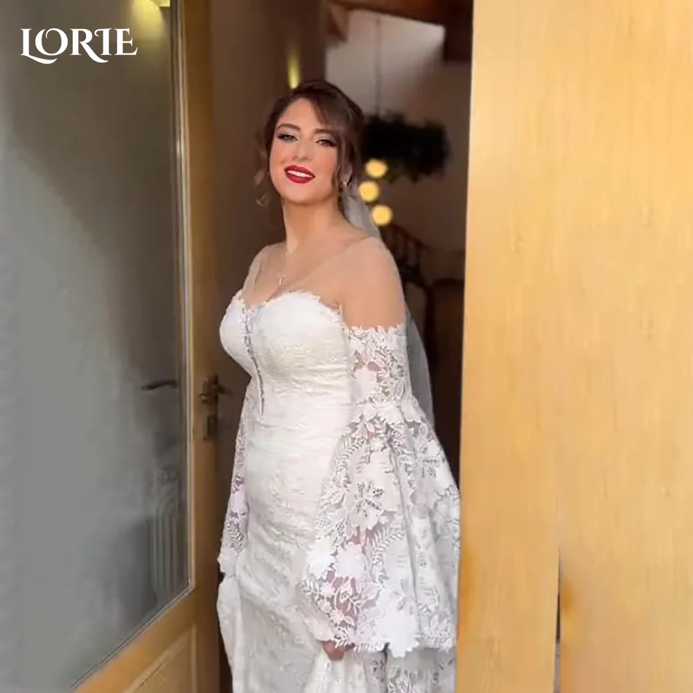 

LORIE Flared Sleeve A-Line Wedding Dress High Neck Lace Appliques Bridal Gown Customized Backless Bride DressSaudi Dress Dubai