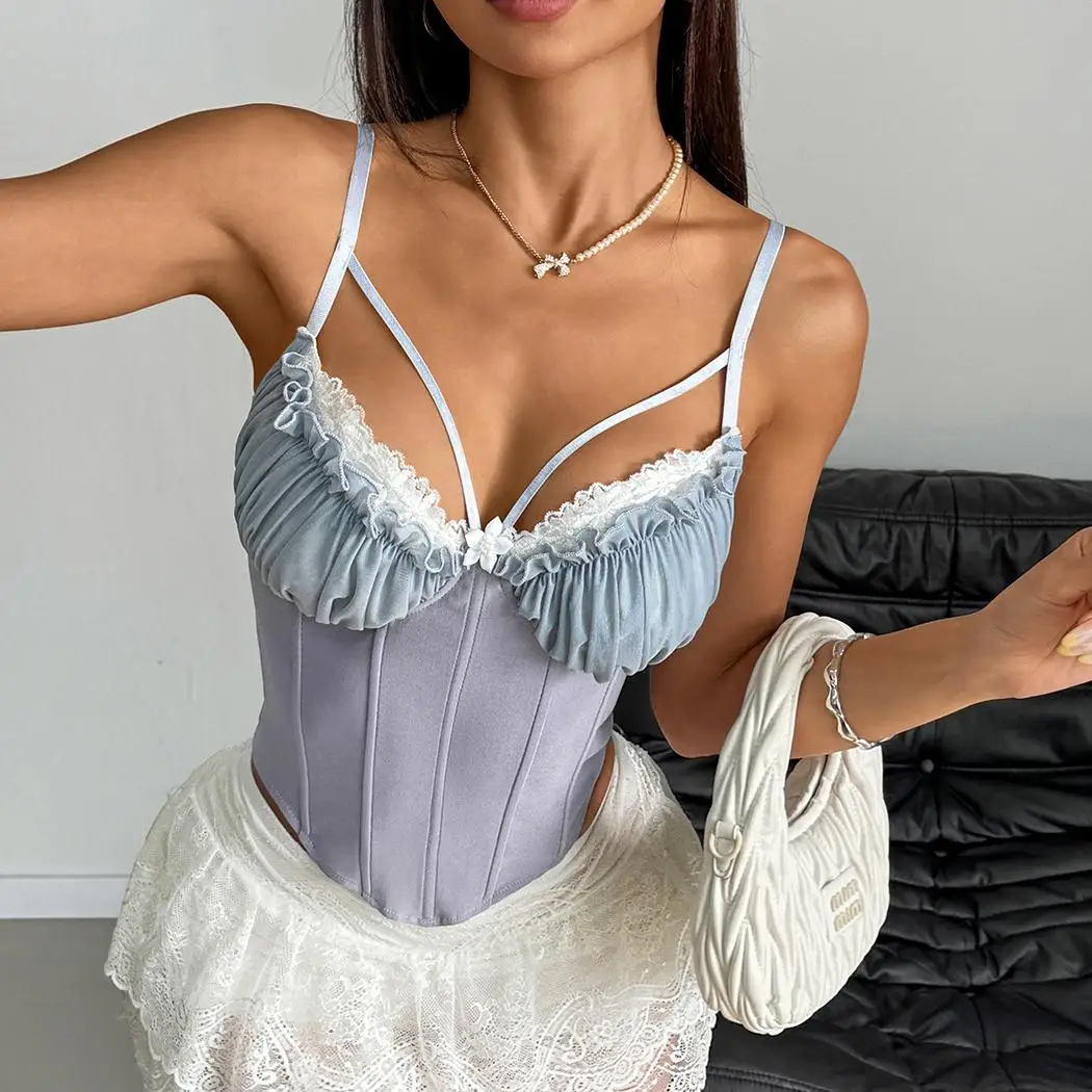 

Sexy Perspective Mesh Splicing Lace Chest Cotton Spice Girl Halter Fishbone Premium Sling Vest