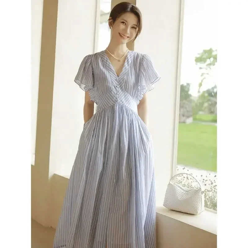 Korejepo Elegant Blue Stripe Dresses Women French Kikyu Vintage Style Tea Break Gentle Summer New 2024 Temperament Vestido