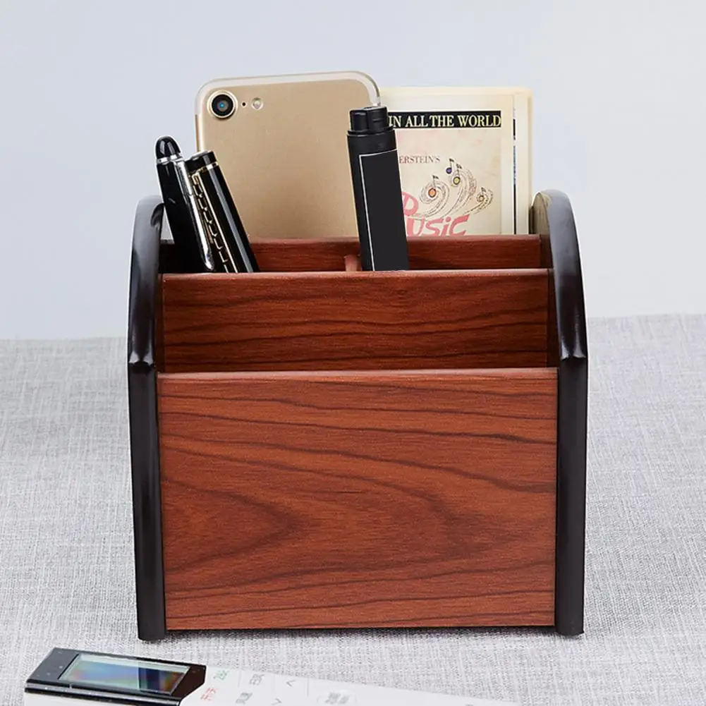 Rotating Desktop Organizer Wooden Desktop Storage Box with 4 Compartments 360 Degree Rotation Capacity Organizer for Remote