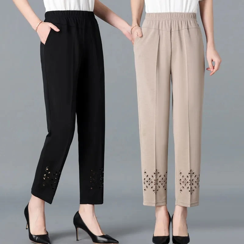 

2022 New Summer Middle-aged Mother Casual Pants Womens High Waist Fashion Loose Large Size Nine-point Straight Pants Women