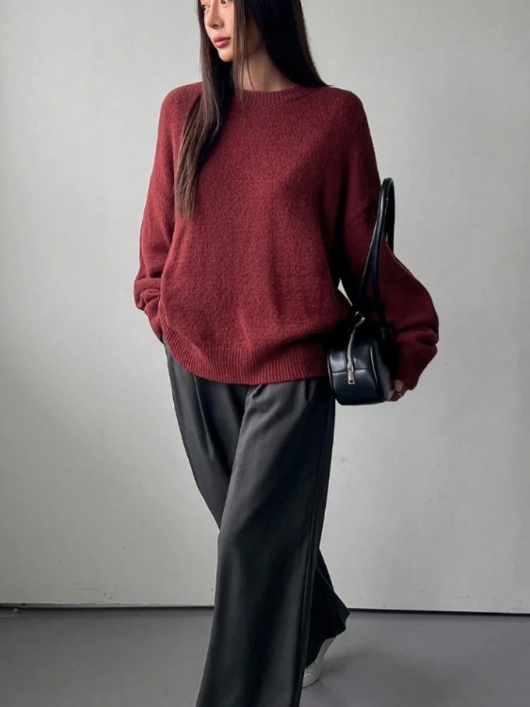 

Commuter Style New Burgundy Pullover Long Sleeve Knit Sweater Casual Women Swear Women's Solid Color Round Neck Sweater