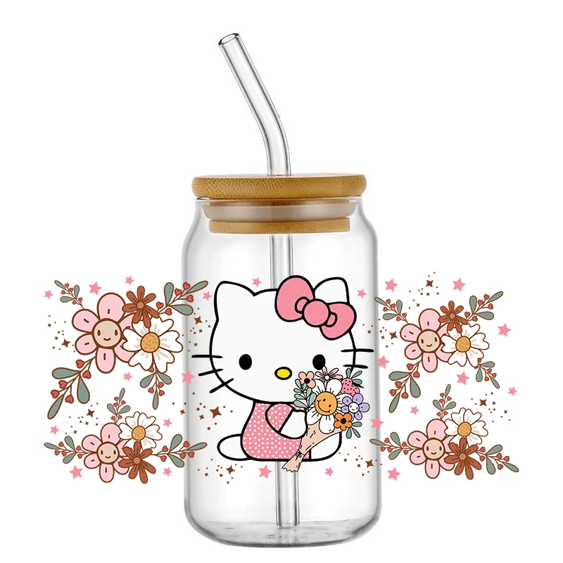 Miniso Cartoon Hello Cat 16OZ UV DTF Cup Wraps Transfer Sticker For Glass Libbey Can Bottle Selfadhesive Washable DIY Custom