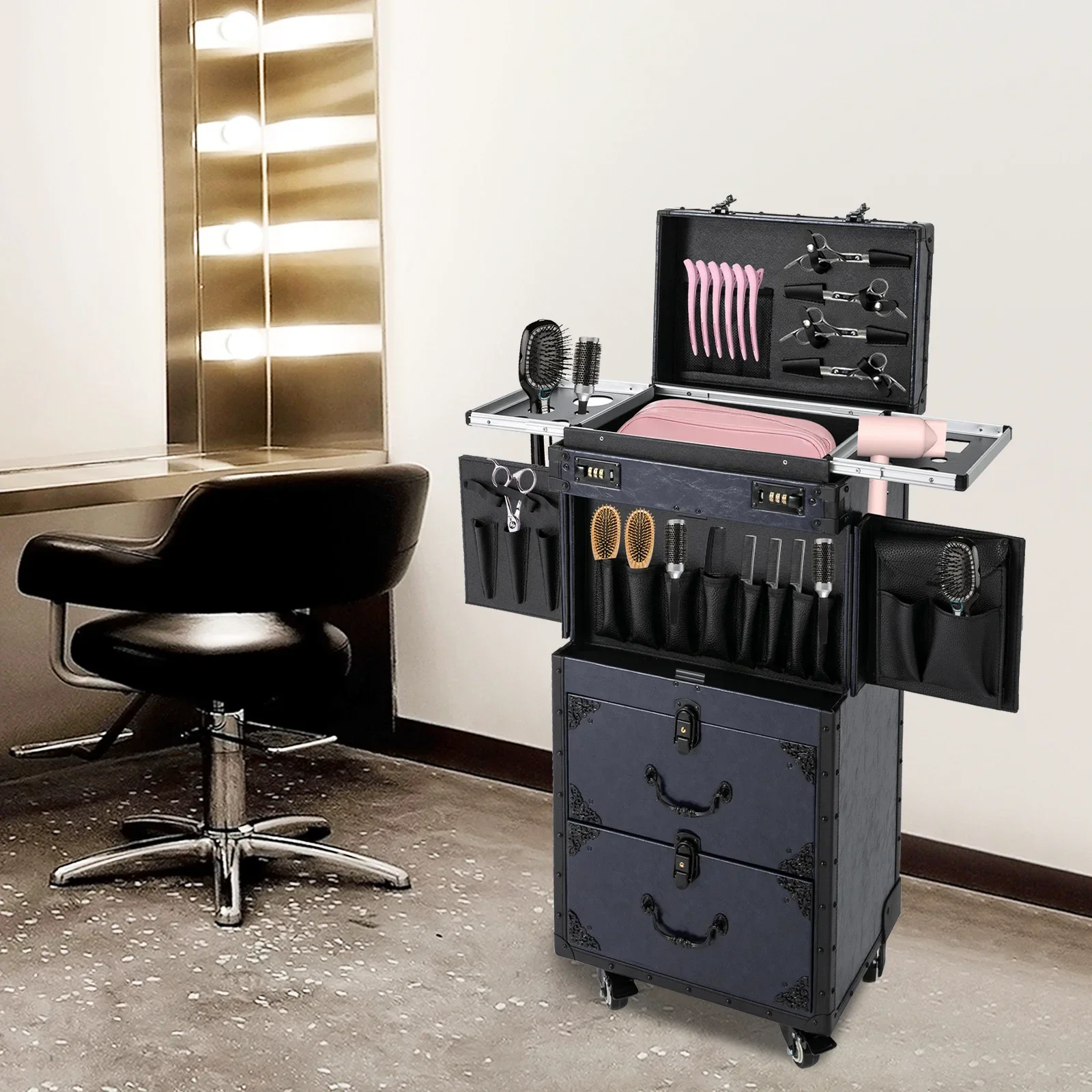 

Blue Vintage Rolling Hairdressing Tool Case – Retro Stylist Trolley with Upgraded Metal Wheels for Professionals