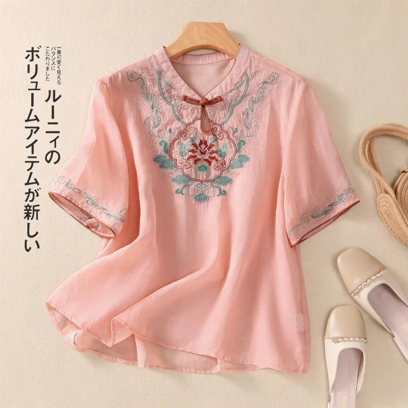 

Женская рубашка в китайском стиле, свободная Удобная рубашка из хлопка и льна с вышивкой и пряжкой в стиле ретро, лето 2024