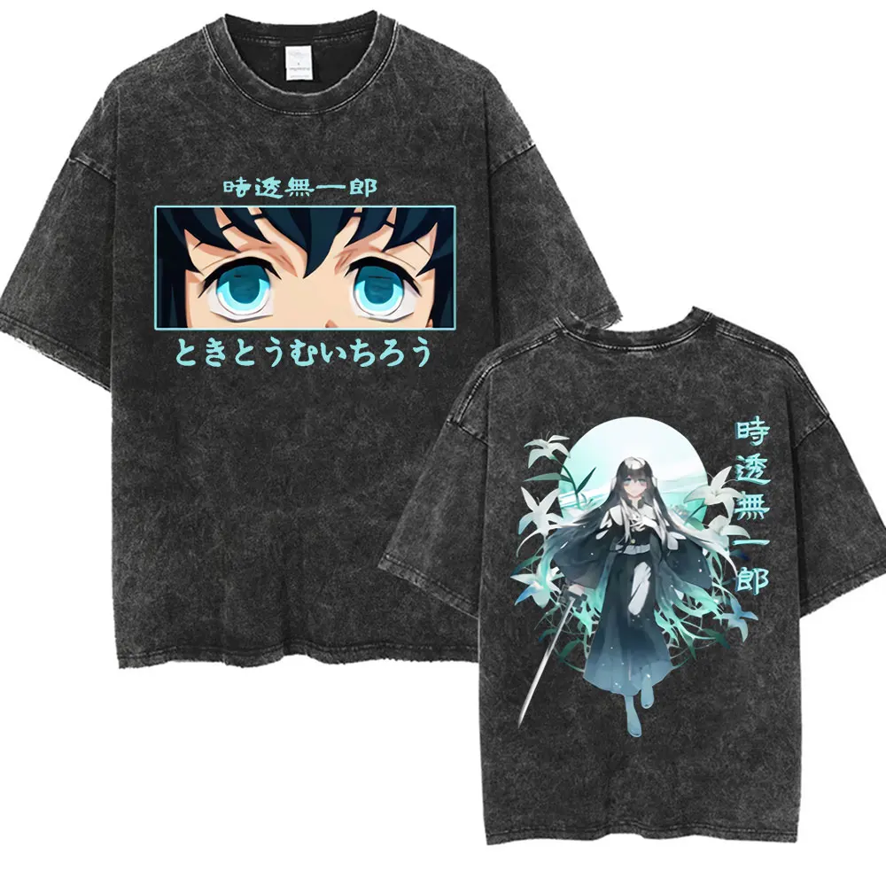 

Винтажная стираная футболка с аниме Muichiro Tokito Merch, мужская и женская одежда, повседневные футболки с круглым вырезом, модная хлопковая футболка высокого качества