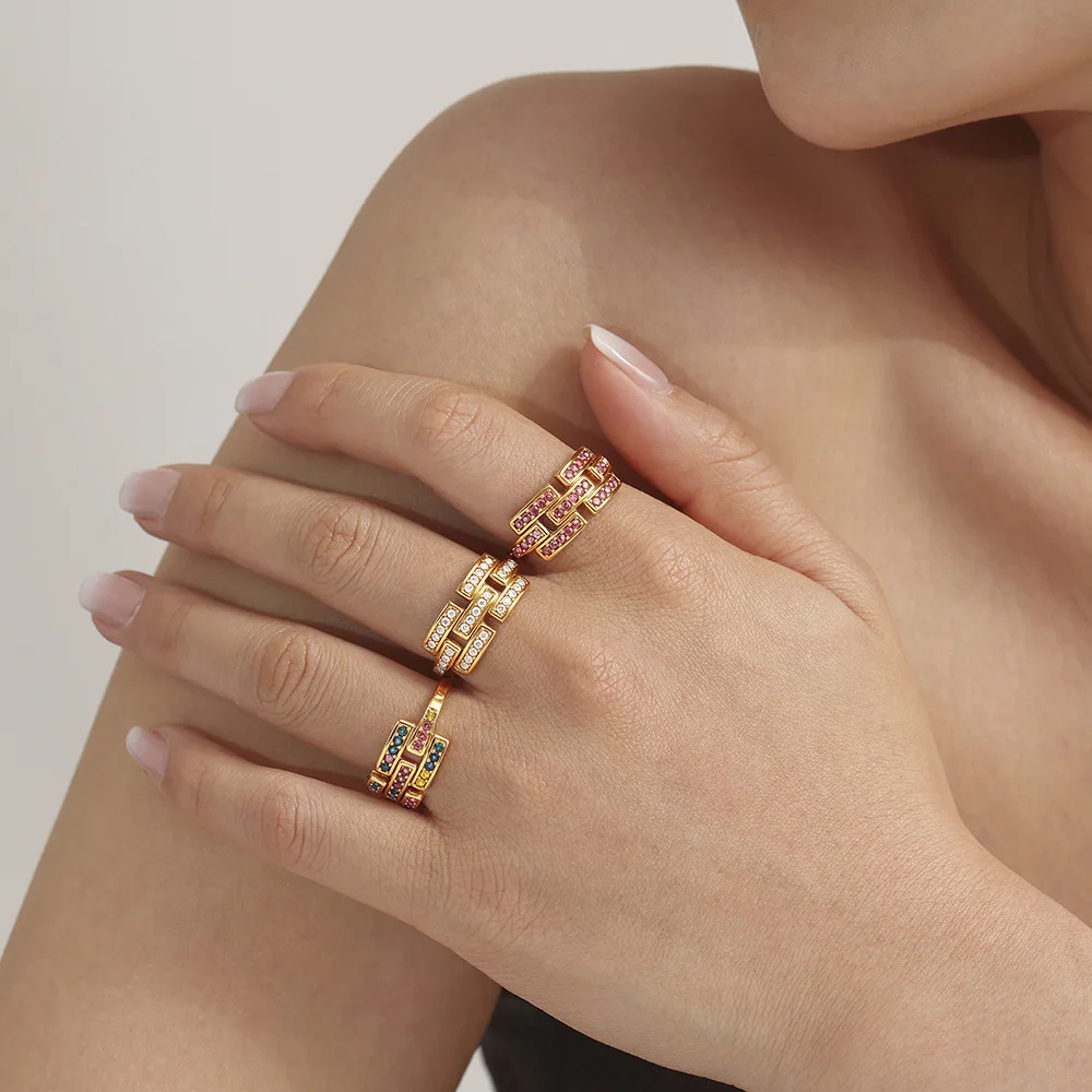 TOSOKO Wide Surface Overlay Geometric Colored Zircon Ring Titanium Steel Index Finger Ring A891