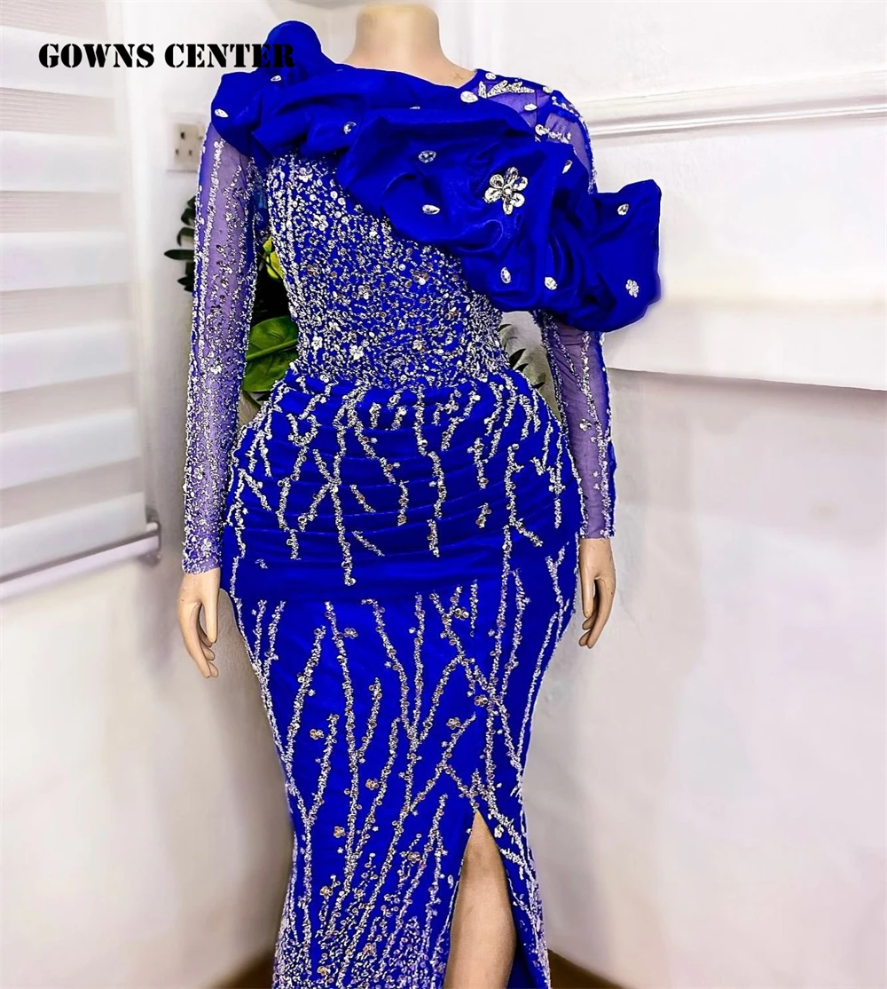 Königsblaue Rüschen Perlen Langarm Aso Ebi elegante Abendkleider für Frauen Luxus Meerjungfrau Kleider für Frauen Party Hochzeit