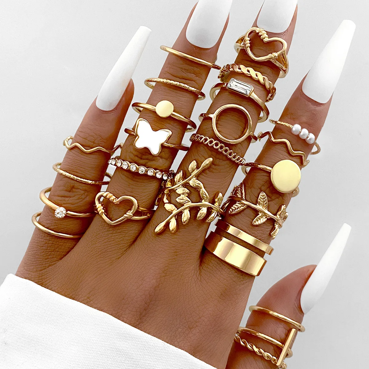 Luxury 3D Embossed Butterfly Leaf Multi-Joint Rings Hollow Heart Geometric Combo, Vintage Hong Kong Style Stackable Ring Set