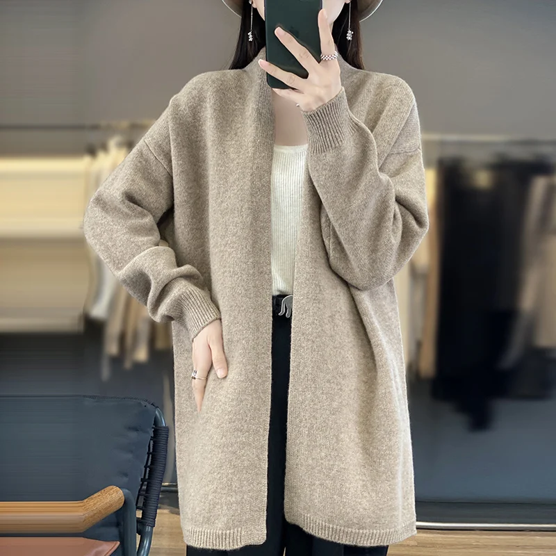 100% Merino Wool Spring Autumn Women's Cardigan Long Sleeve Sweater Solid Color Loose Warm Knitwear Fashion Female Long Coat