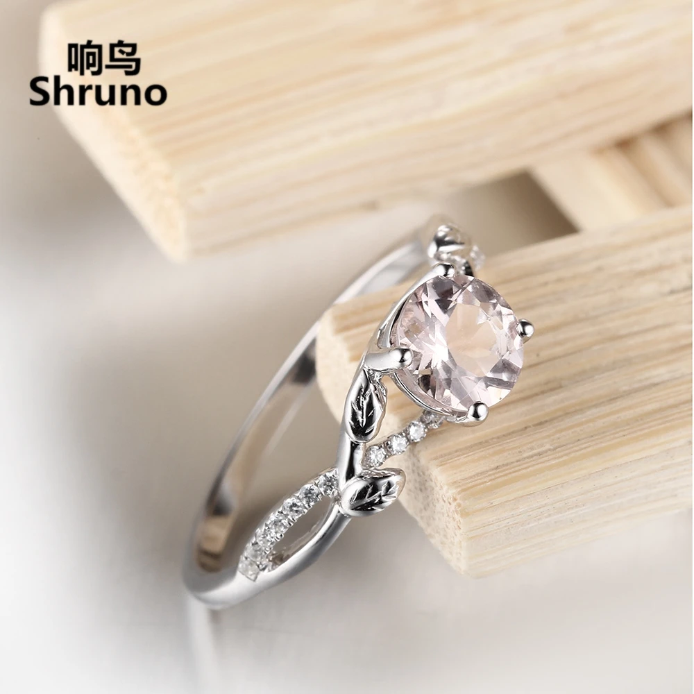 Shruno Solid 14k White Gold 6mm Round Natural Morganite Gemtones Ring For Women Diamonds Engagement Trendy Leaf style Jewelry