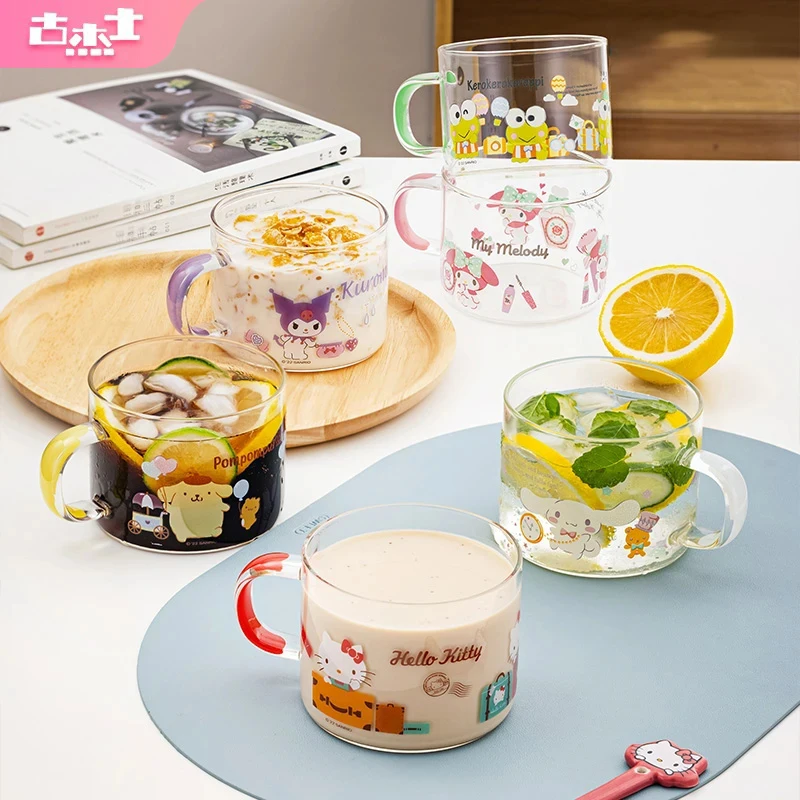 Für Sanrio 450 ml Glasbecher mit Griff für Cinnamoroll und Kuromi, niedlicher Druck, Kaffeetasse, Frühstück, Milch, Saftbecher für Kinder