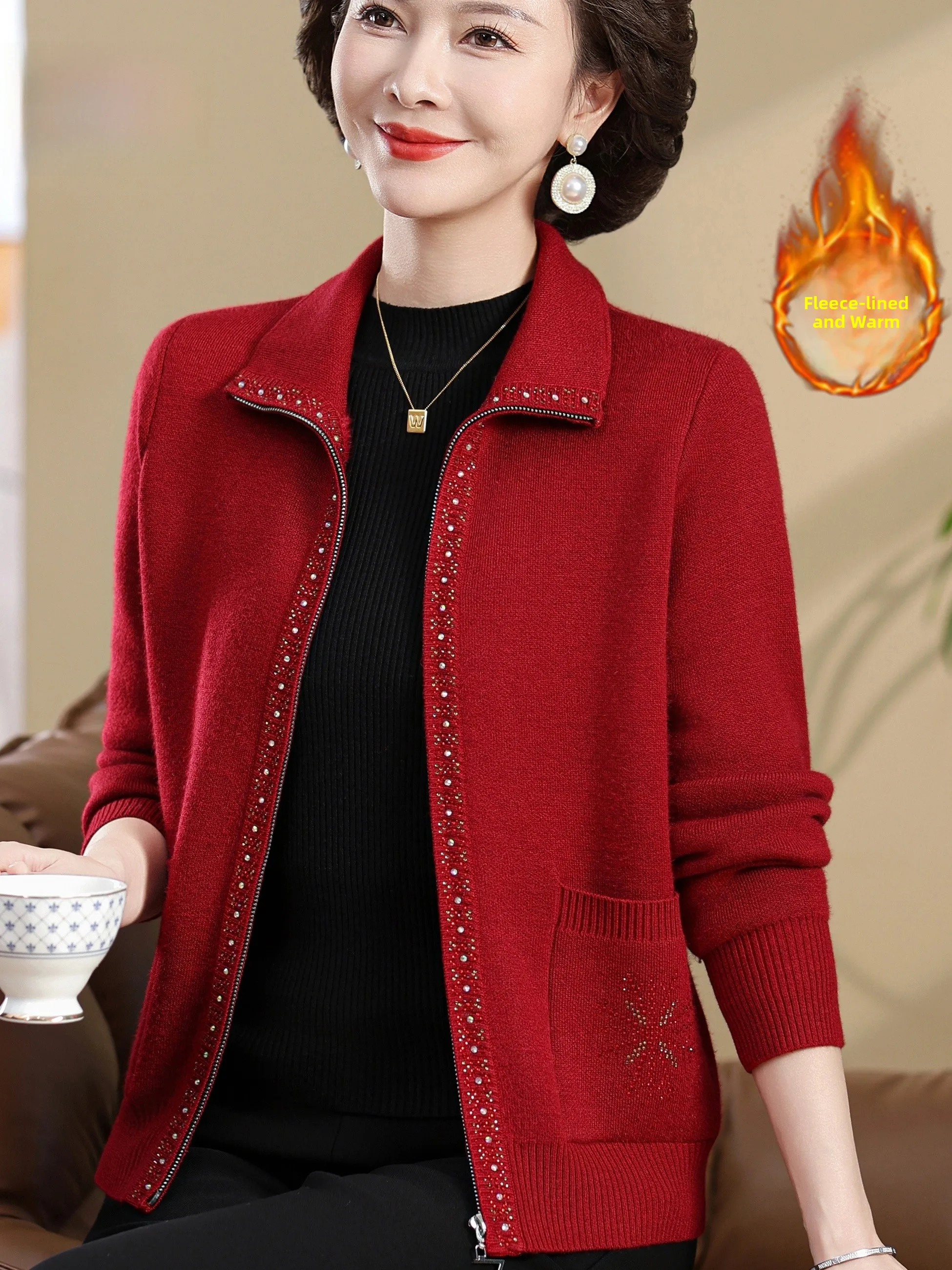 

Thiened Woolen Knitted Zipper Cardigan for Middle-Aged And ly Women Warm Fce Lined Turn-down Collar Outerwear
