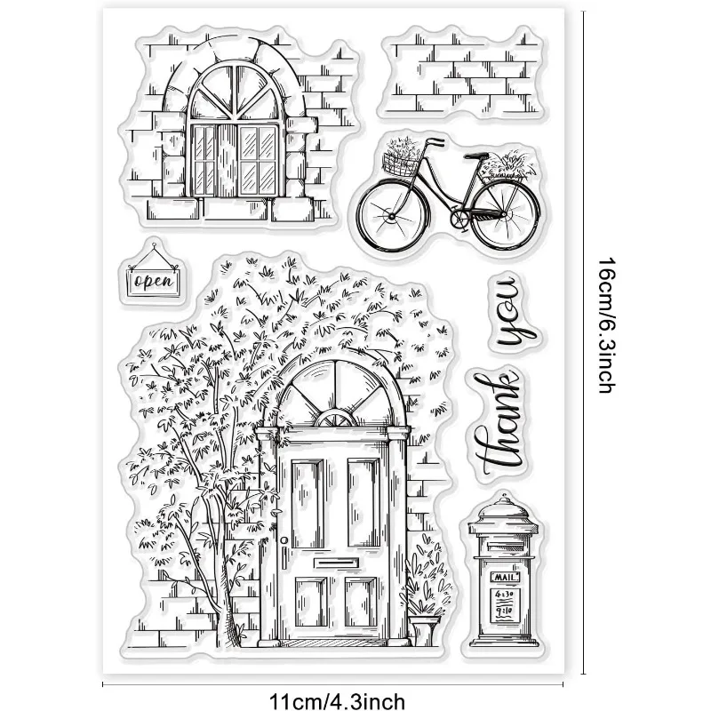 1Sheet Street Scenery Clear Stamps Tree Door Bike Silicone Stamps Windows PostboxTransparent Rubber Seal Stamps for Card Making
