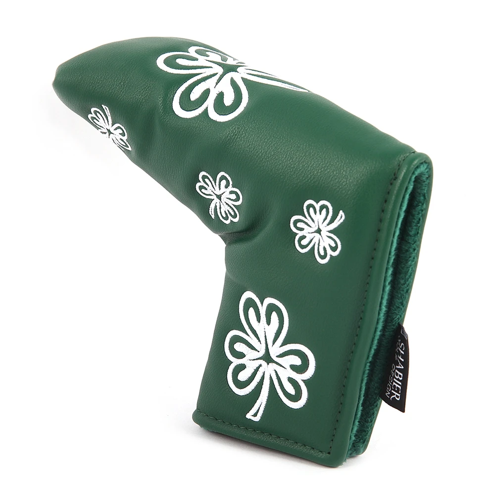 Green PU Leather Shamrock Embroidery Golf Club Magnetic Closure Blade Mallet Putter Covers