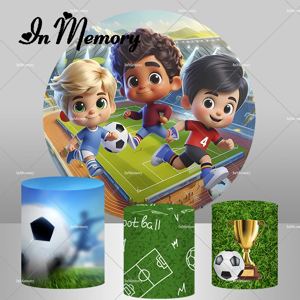 

Cartoon Football Field Stadium Soccer Match Round Backdrop Cover for Boys Birthday Party Decoration Cup Pedestal Covers