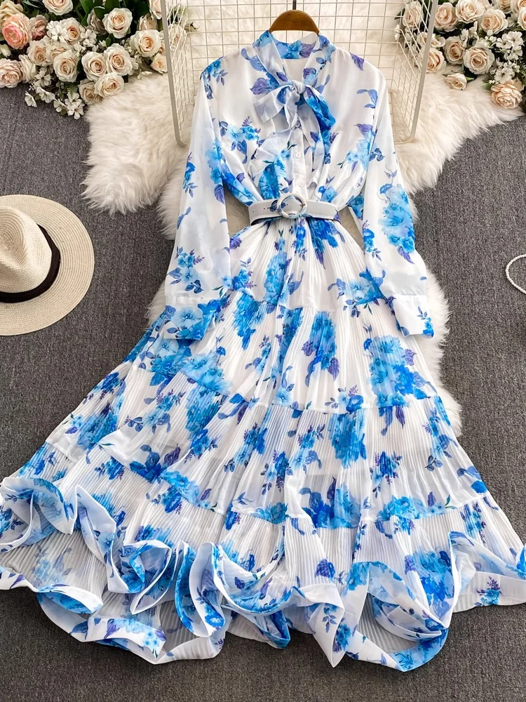 

Autumn Women Floral Pleated Long Dress Elegant Bow Collar High Waist Ruffle Hem Big Swing Maxi Vestidos Female New Fashion 2024