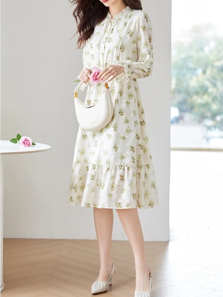 Vestido estampado floral com gravata e pescoço para mulheres, elegante, manga comprida, linha a, comprimento do joelho, primavera e outono, roupas chiques avançadas