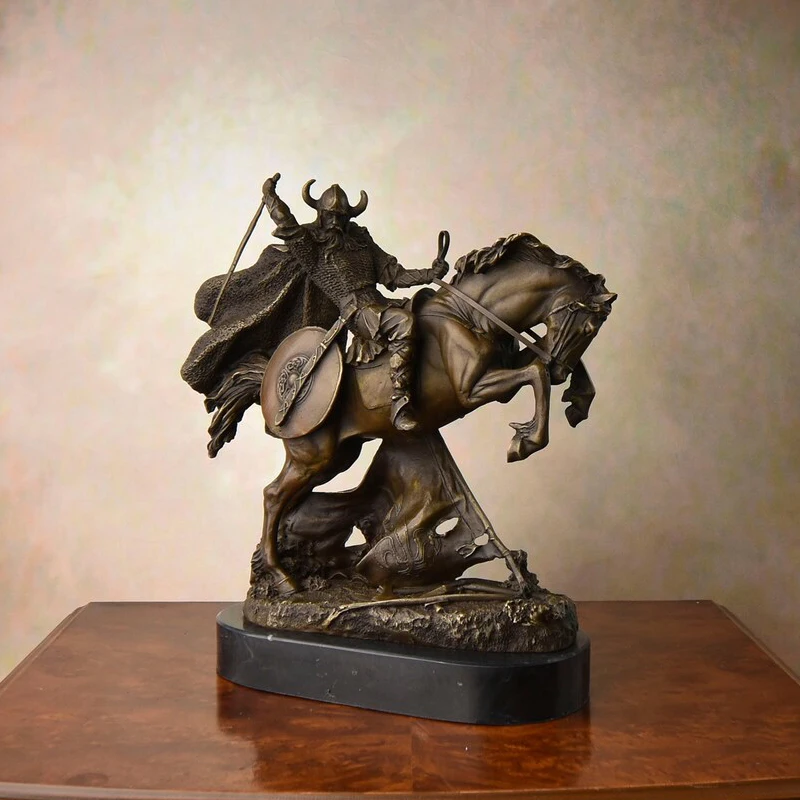 Bronze Medieval Warrior Riding Statue Vintage Sculpture Handcrafts Marble Base Collectible Figurine Art Home Decoration