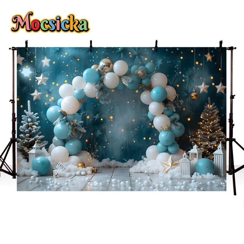 

Mocsicka Xmas Photography Background Christmas Tree Balloon Decor Backdrop New Year's Eve Party Kids Birthday Studio Prop Photo