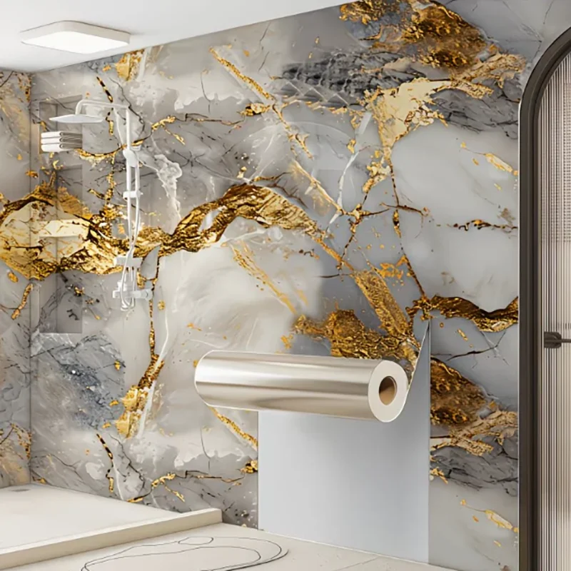Gold Marble-Pattern Wall Sticker Waterproof Self-Adhesive Decorative Decal Suitable For Shower Tabletop And Countertop.