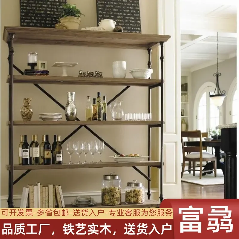 American country furniture wrought iron solid wood shelves layer by layer shelves retro old floor bookshelf baffle storage rack