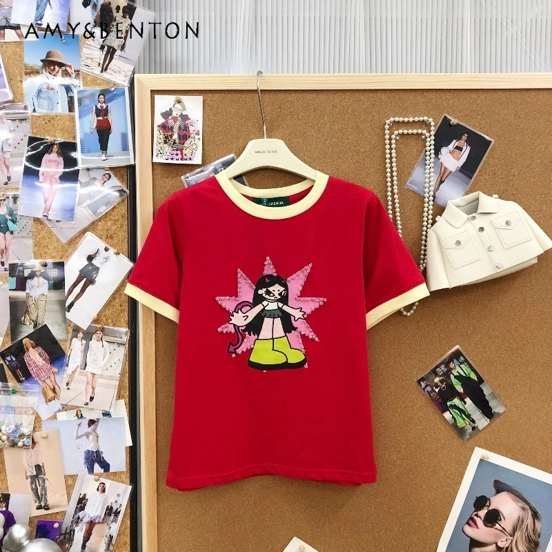 

Футболка женская повседневная из чистого хлопка с контрастной отделкой, объемными бусинами и мультяшным принтом, с круглым вырезом и короткими рукавами, в стиле стритвир