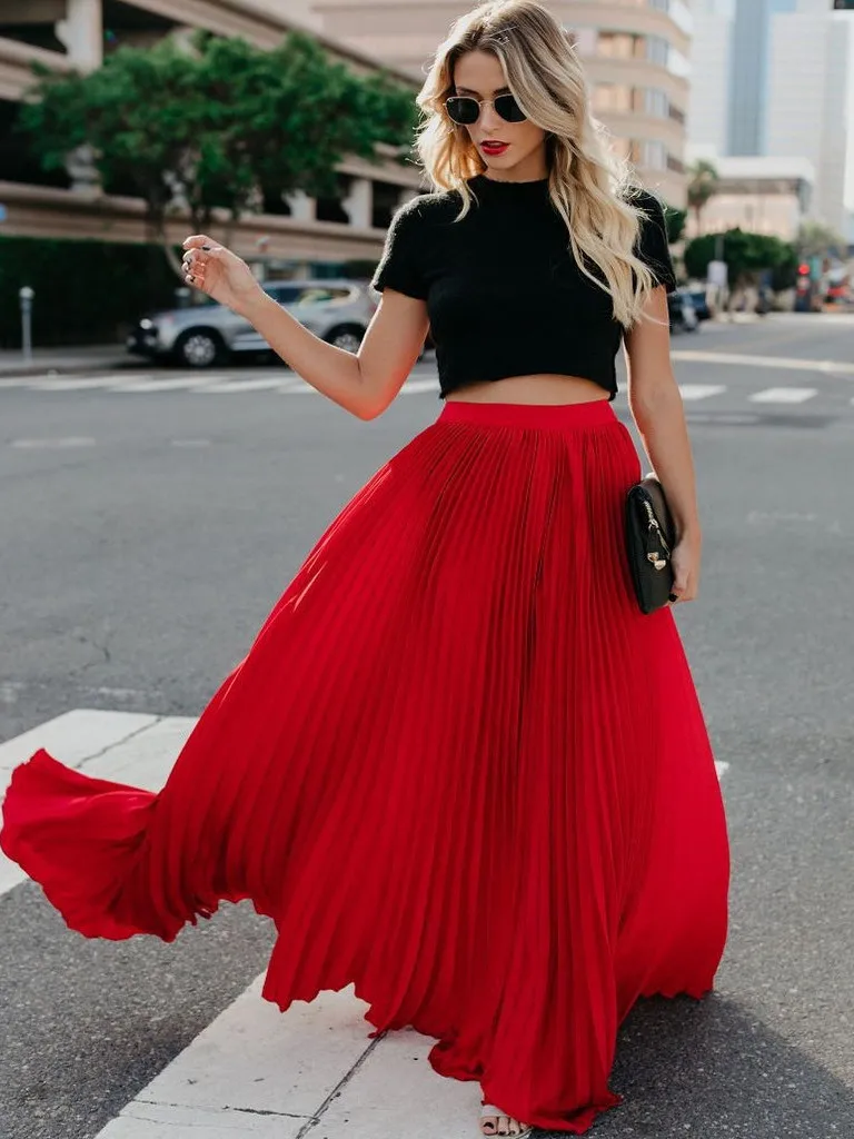 Saia Midi Psada de Cintura Alta Estilo Rainha Mágica Plus Size Moda Fena Saia Longa de Cor Sólida Estilo de Rua