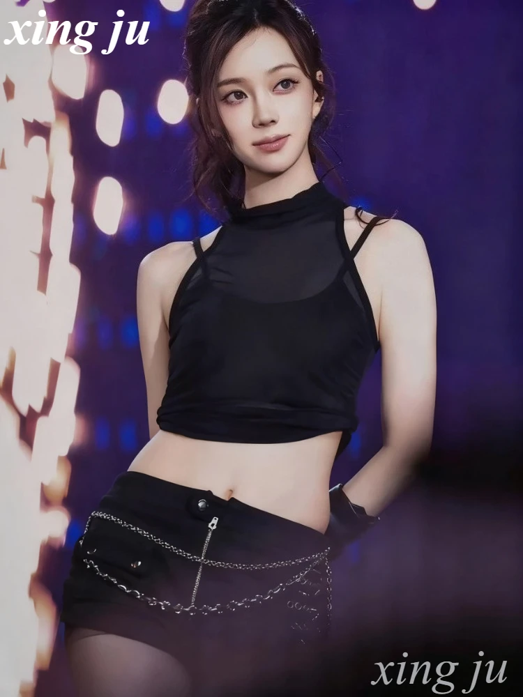 Women Singer Jazz Dance Costume Kpop Outfits Sexy Black Mesh Vest Hip Hop Sling Tops Tight Zipper Shorts Stage Performance Wear