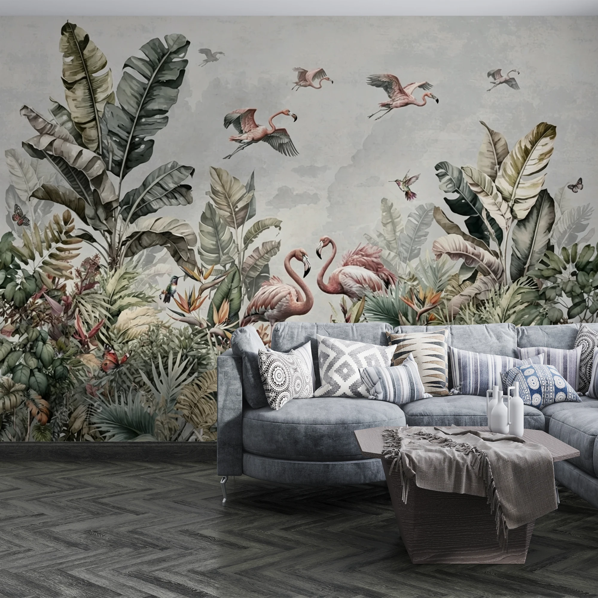 Tropical Jungle Flamingo Wallpaper Self‑Adhesive Banana Leaf Bird Wall Mural Living Room Bedroom Home Wall Decor
