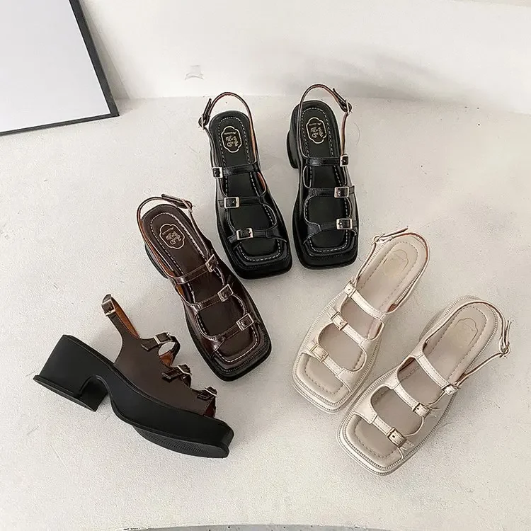 2022 New Thick Sole Sandals Ladies Soft and Comfortable Pin Buckle Elastic Strap Roman Style Sandals Hollow Buckle Solid Color