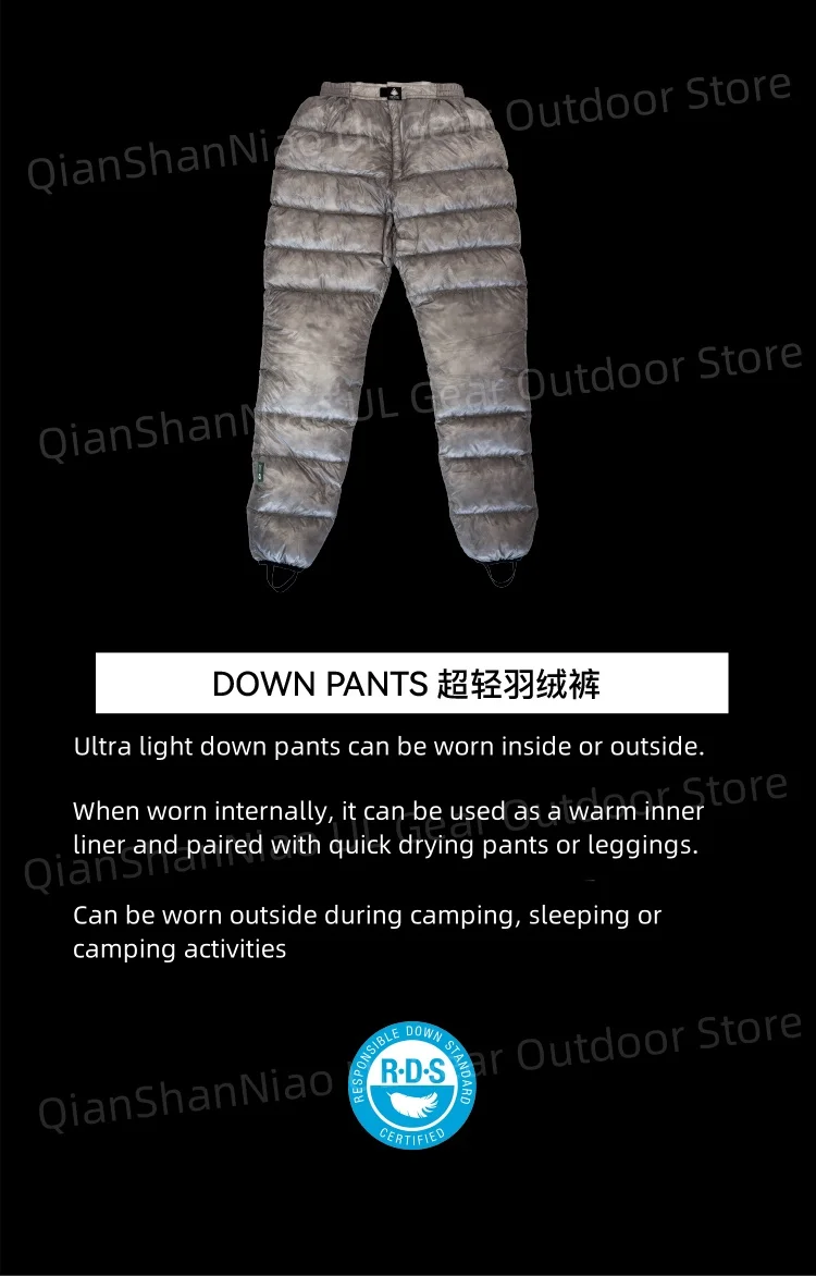 Ice Flame NXT 800FP Daunenhose Outdoor Ultraleichte graue Entendaunenhose Tragbares Camping Wandern Thermo-Innenhose UNISEX – Detail 1
