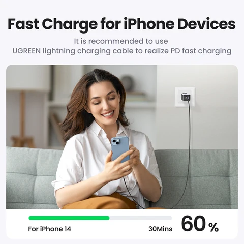 Устройство зарядное сетевое UGREEN с USB-портами и поддержкой быстрой зарядки, 65 Вт