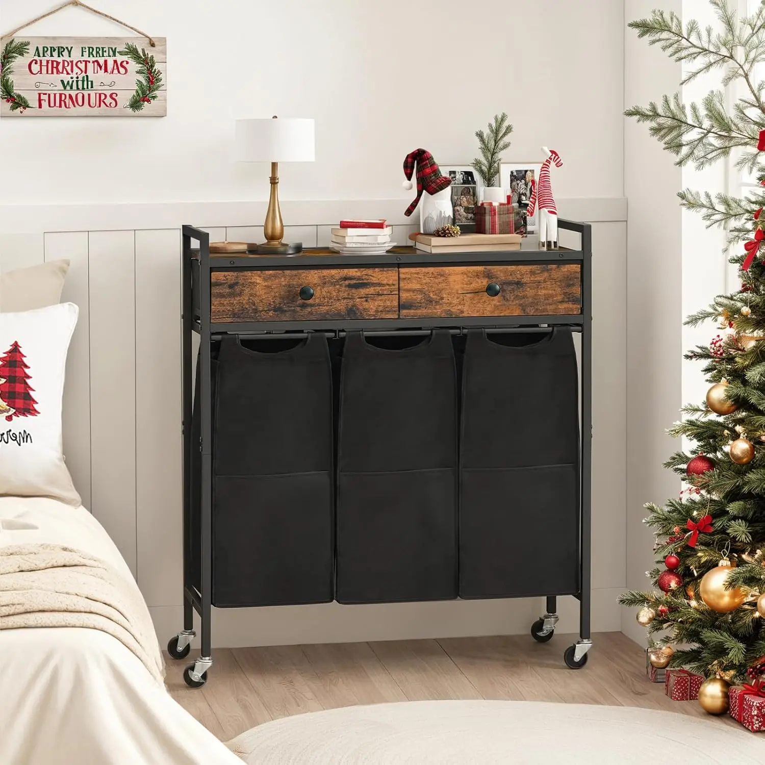 

Laundry Sorter 3 Section, 130L Laundry Hamper with 2 Drawers, Rolling Basket, Pull-Out and Removable Bags
